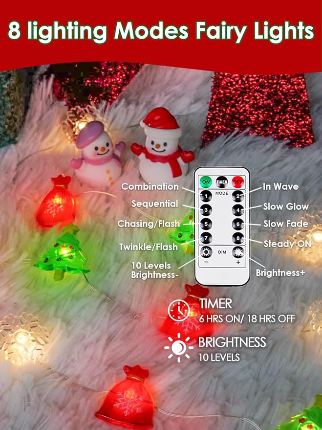Christmas Decoration Lights, 10FT 30 LED Christmas Tree Snowflake Lucky Bag Fairy Lights Battery Operated with Remote, Twinkle String Light 8 Modes & Timer for Indoor Outdoor Xmas Party House Decor