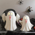 WDS WONDROUS Halloween Decor Ghost Figurines Light Up – White Set of 2 Ghost Figurines with Pink Tongue –Cute Halloween Ceramic Ghost Statues Decorations for Table Indoor(5.51x6.29”and 4.72x5.11”)