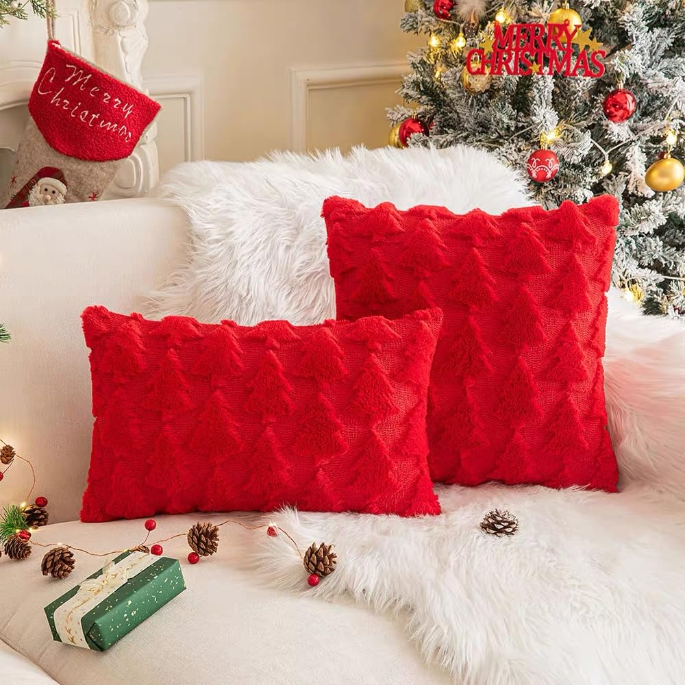 TBAVNOSY Christmas Tree Pillow Covers Set of 2 18x18 inches, 3D Xmas Tree Shaped Faux Fur Throw Pillow Covers for Couch, Sofa, Living Room Winter Holiday Decor, Farmhouse (Red)