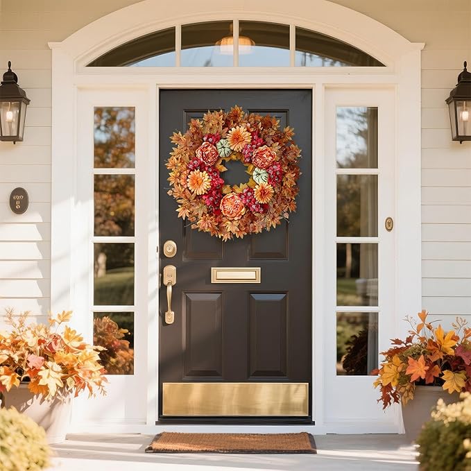 26" Fall Wreath for Front Door - Large Artificial Maple Leaves Fake Silk Peony Faux Pumpkin Outdoor Wreath for Porch, Window,Farmhouse,Home,Thanksgiving Day Harvest Festival Autumn Decor