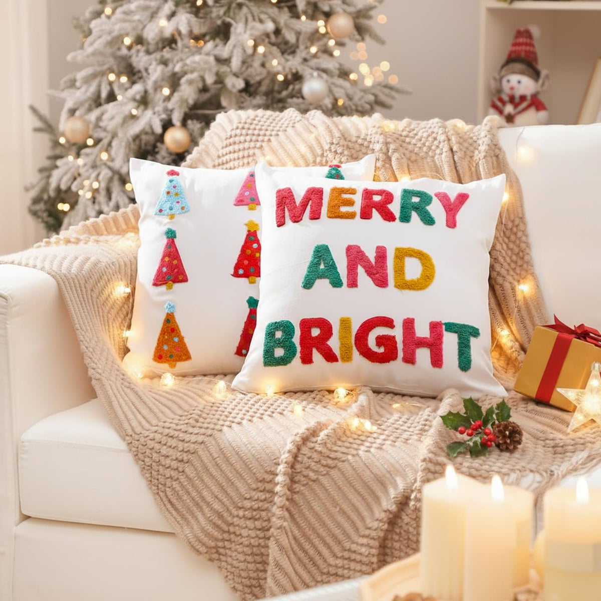 Remagr 2 Pcs Merry and Bright Christmas Tree Pillow Covers Pink Embroidered 18 x 18 Inches 3D Pillow Covers Decorative for Winter Xmas Home Bedroom Sofa Decor