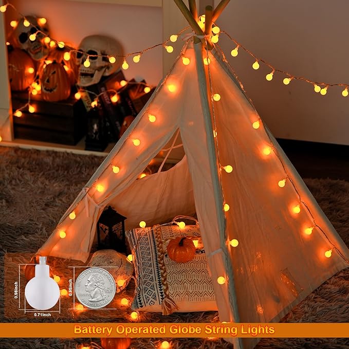 JMEXSUSS Orange Lights for Halloween, 33ft with 8 Modes Remote, 100 LED Globe String Lights Outdoor Battery Operated for Halloween Bedroom Thanksgiving Party Christmas Decor