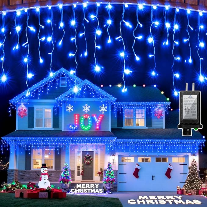 612 LED Christmas Lights with 136 Drops, 60ft 12 Modes Hanging ice String Lights with Timer & Dimmable & Waterproof, Plug-in Fairy Lights for Indoor Tree Holiday Wedding Party Christmas Decor Blue