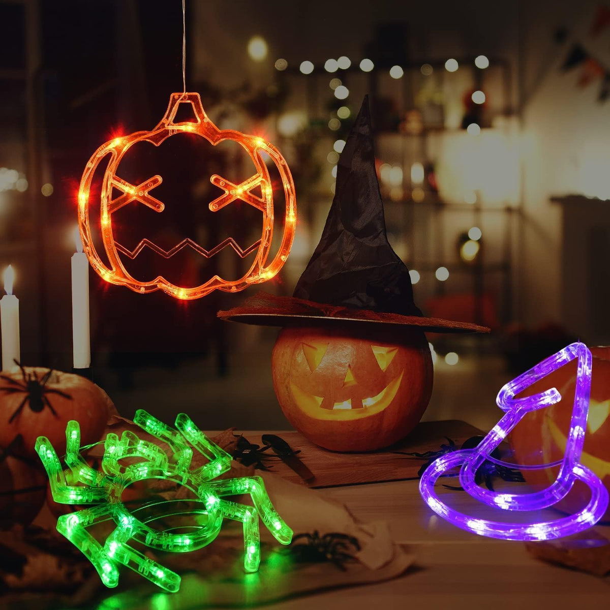 LOLStar Halloween Window Decorations 3 Pack Orange Pumpkin Green Spider Purple Witch Hat Battery Operated Window Lights with Suction Cup Slow Fade Timer Function Halloween Indoor Lights for Windows