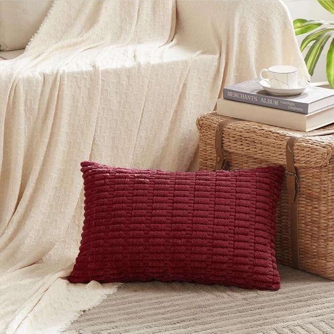 Fancy Homi Wine Red Christmas Lumbar Decorative Throw Pillow Covers 12x24 Inch for Living Room Couch Bedroom, Farmhouse Boho Home Decor, Soft Corduroy Burgundy Rectangle Cushion Case 30x60 cm