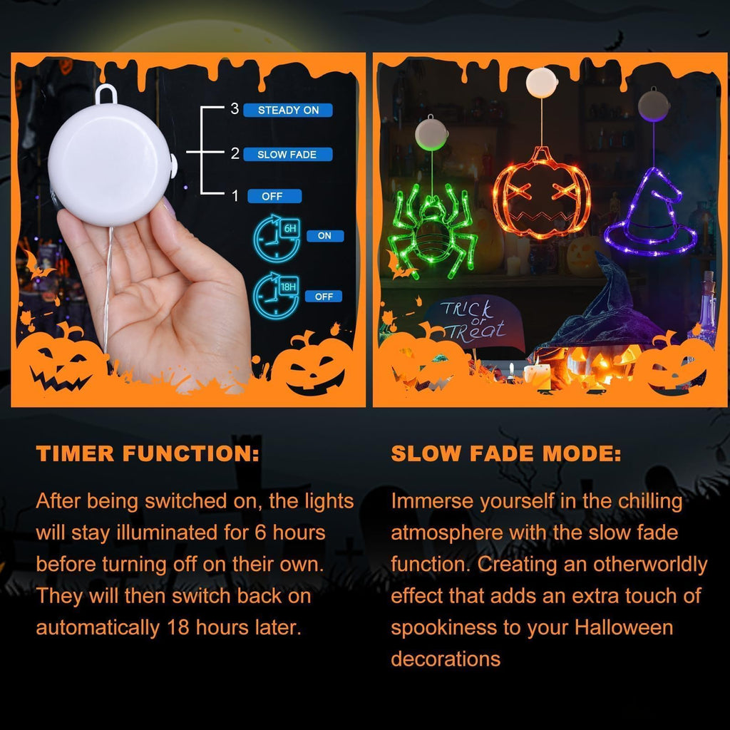 LOLStar Halloween Window Decorations 3 Pack Orange Pumpkin Green Spider Purple Witch Hat Battery Operated Window Lights with Suction Cup Slow Fade Timer Function Halloween Indoor Lights for Windows
