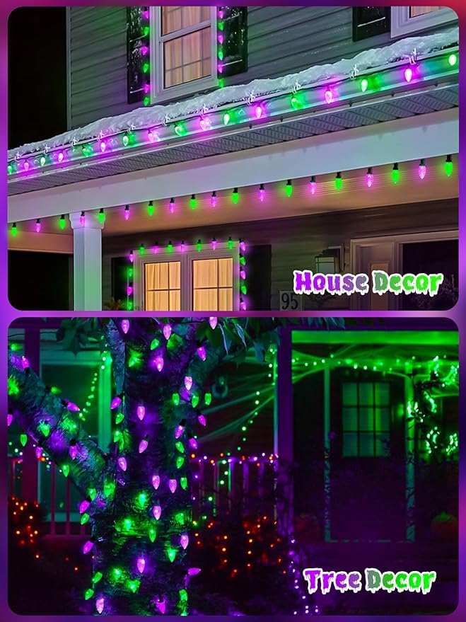 2 Pack 100LED Purple and Green C9 Halloween Lights Indoor Outdoor, 66 FT String Lights Extendable Waterproof Plug in LED Strawberry Lights Halloween Decorations for Black Tree Garden Patio Party Yard