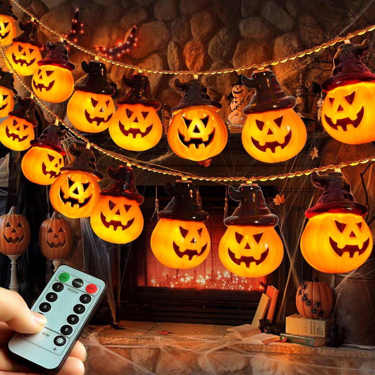 Abkshine Battery Operated Pumpkin Lights for Halloween Decorations Indoor, Jack-o-Lantern String Lights for Halloween Party Front Door Porch Fireplace Camper Golf Cart Parade Garland Wreath Decor