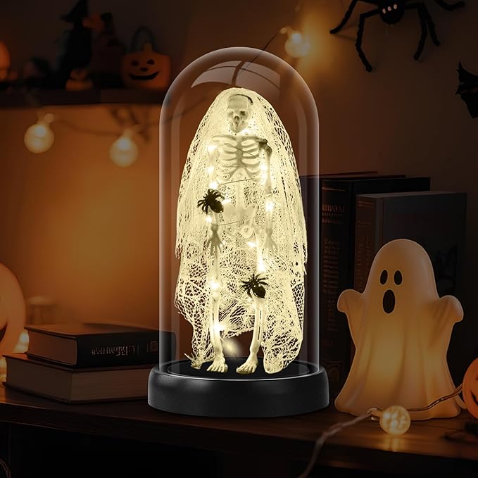 Halloween Decorations-Light-Up Skull with Spider Halloween Decor Indoor Cute Skull Tabletop Decor for Party Home Kitchen and Fireplace, 8.46"x4.2" Flickering LED Terror