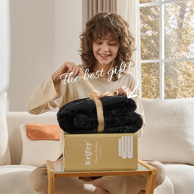 Krifey Black Faux Fur Blanket for Bed, 3D Marble Texture Soft Cozy Fuzzy Plush Thick Warm Blanket, Faux Rabbit Fleece, Christmas Birthday Gifts for Men Dad, Cool Black, 60x80in