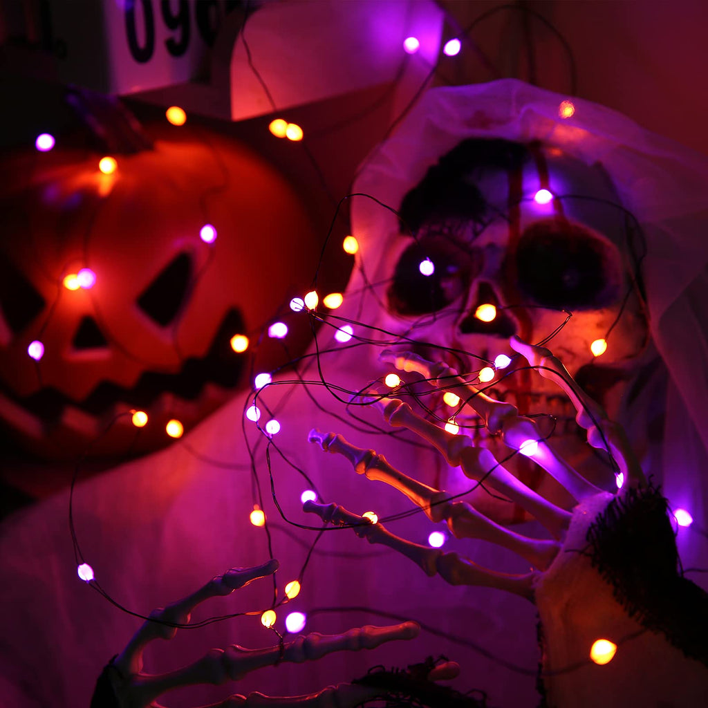 Lomotech Orange Purple Halloween Lights, 2 Pack 16.4ft 50 LED Battery Operated Halloween Fairy Lights with Timer Function, 8 Modes Waterproof Twinkle Lights for Halloween Decorations (Black Wire)