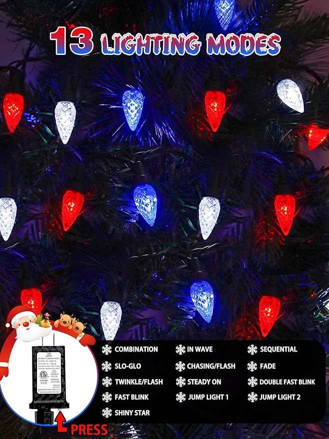 240 LED 78FT C6 Christmas String Lights, Super Long Christmas Lights Outdoor Indoor with 13 Modes & Timer, Waterproof Fairy Twinkle Light Plug in for Tree Party Xmas Decorations (Red White and Blue)