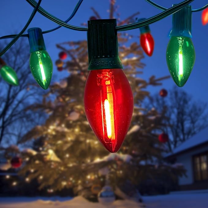 25Ft C9 LED Christmas Lights Outdoor Indoor, Clear Red Green Vintage String Lights, Connectable Dimmable Holiday Decor for Xmas Tree Roofline Patio Backyard Cafe, 25 Bulbs
