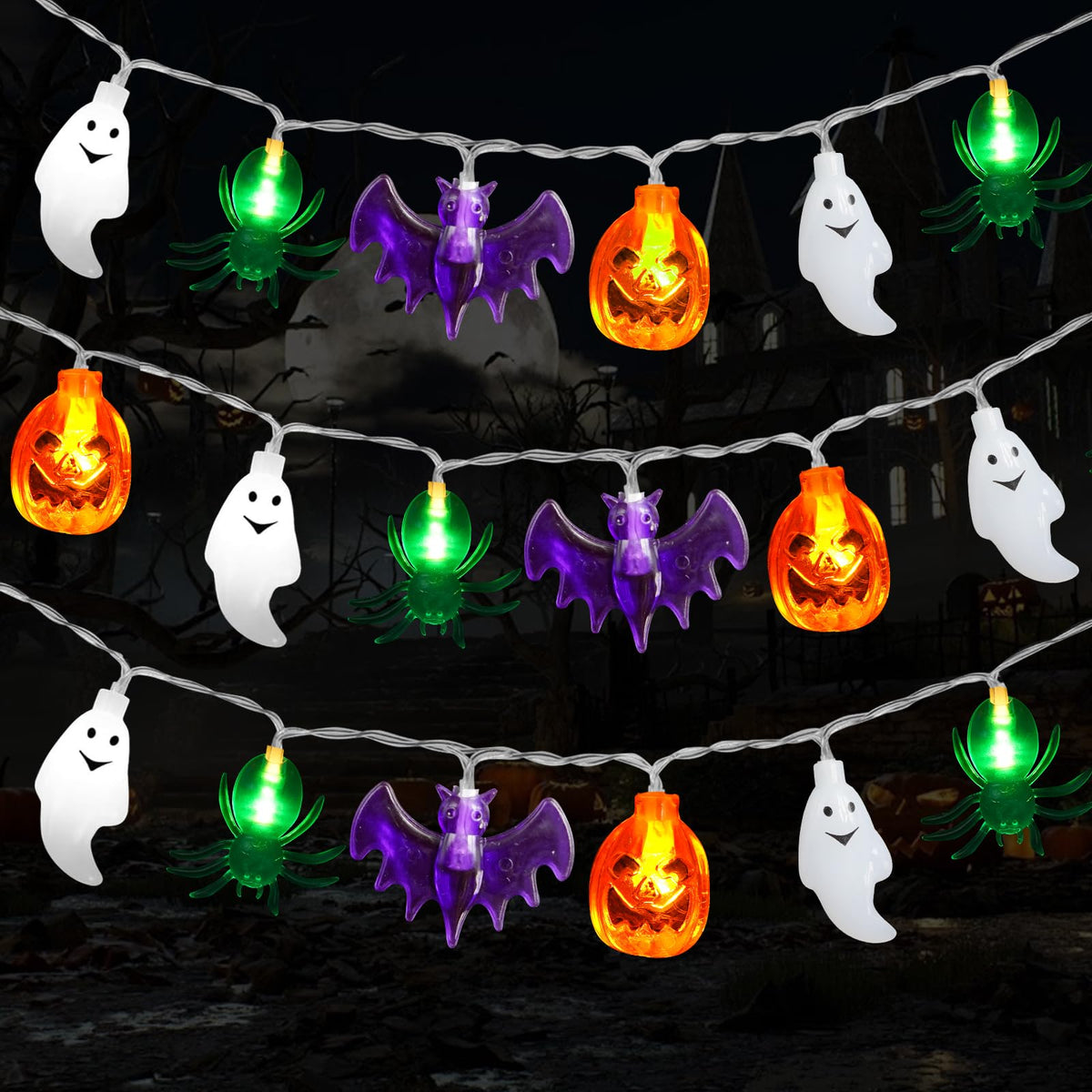 Halloween Lights Decor, 20FT 40 LED 3D Pumpkin Bat Ghost Spider Battery Operated String Lights, Waterproof Twinkle Light for Home Room Door Window Porch Indoor Outdoor Halloween Party Decorations