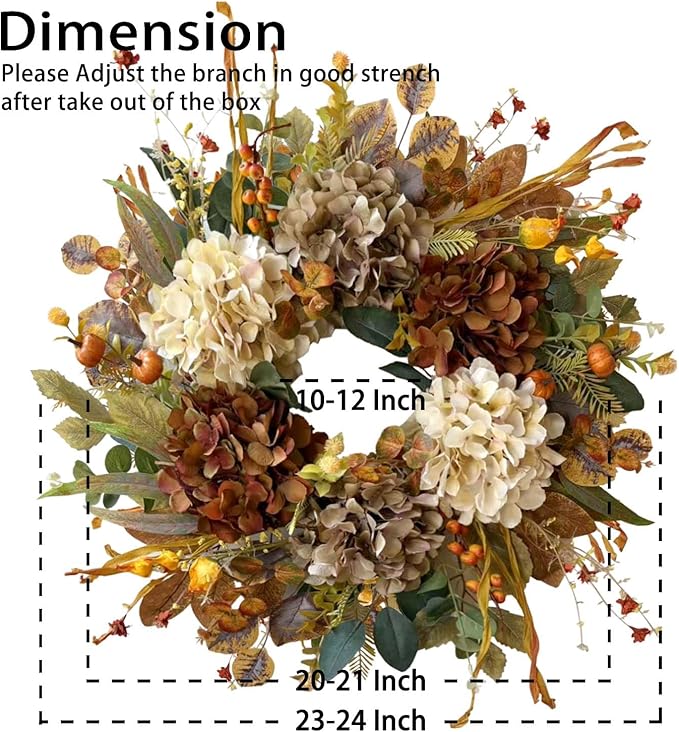 WANNA-CUL 24 Inch Fall Wreaths for Front Door with Hydrangea,Little Pumpkins-Fall Decorations for Home,Fall Door Wreath Decor for Autumn,Harvest, Halloween or Thanksgiving