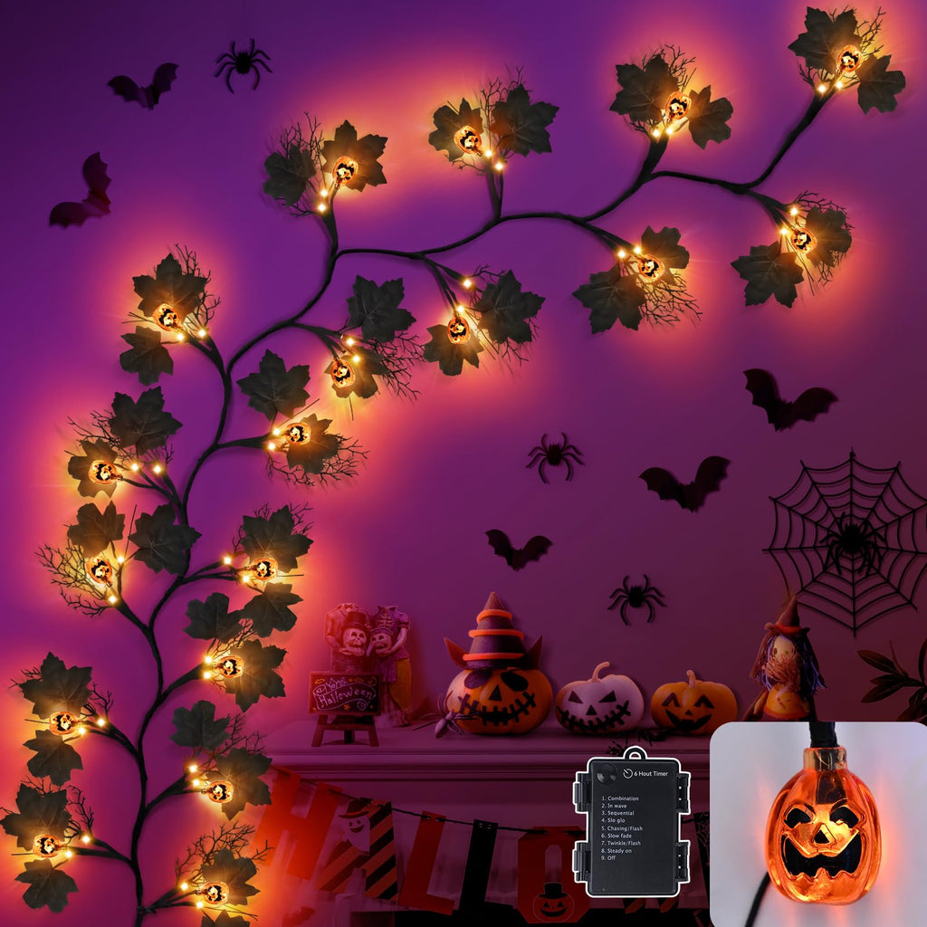 6 FT 54 LED Halloween Lights, 8 Modes & Timer Battery Operated Halloween Pumpkins Lights with Willow Vine Twig Garland, 3D Waterproof Decorations Lights for Home Indoor Wall Fireplace Mantle Party