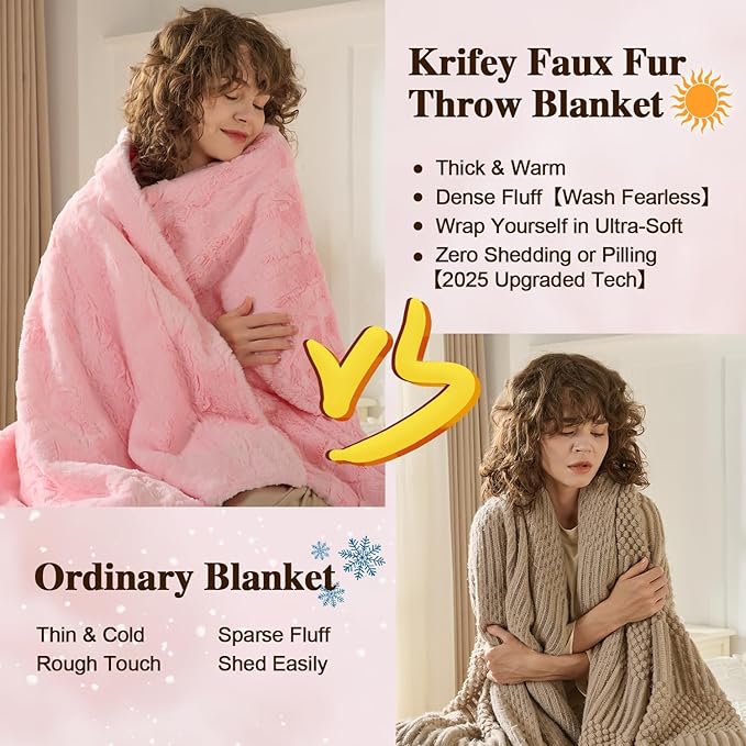 Krifey Pink Faux Fur Blanket for Bed, 3D Marble Texture Soft Cozy Fuzzy Plush Thick Warm Blanket, Faux Rabbit Fleece, Christmas Birthday Gifts for her Girls Women Mom, Cute Pink, 60x80in