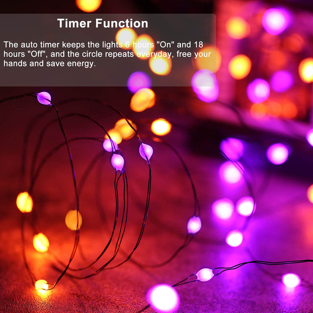 iBaycon 2 Pack 50 LED Battery Halloween Lights, 16.4ft Battery Operated Halloween Lights, Orange Purple Waterproof Twinkle Fairy Lights with 8 Modes & Timer for Indoor Outdoor Halloween Decorations