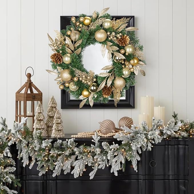 24 inch Christmas Door Wreath, Pine Wreaths for Front Door with Golden Ball Glittered Leaf Spray Stems Pinecones Berries for Fireplace Xmas Decorations, Wall Window Indoor Outdoor Decor