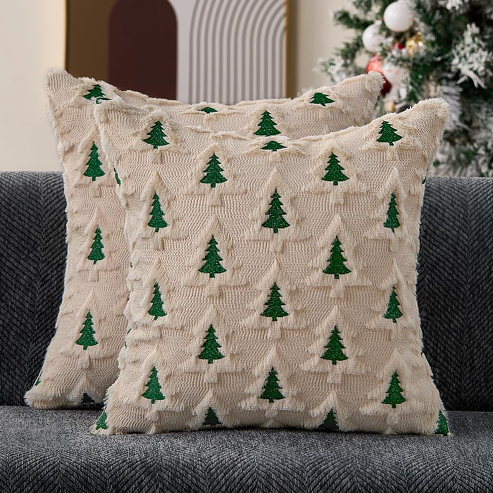 Allorry Christmas Pillow Covers 18x18 Set of 2 Beige Double Xmas Tree Pillow Covers Soft Plush Faux Fur Christmas Decorations for Xmas Winter Holiday Home Bedroom Sofa Cushion Cases PT-008C18
