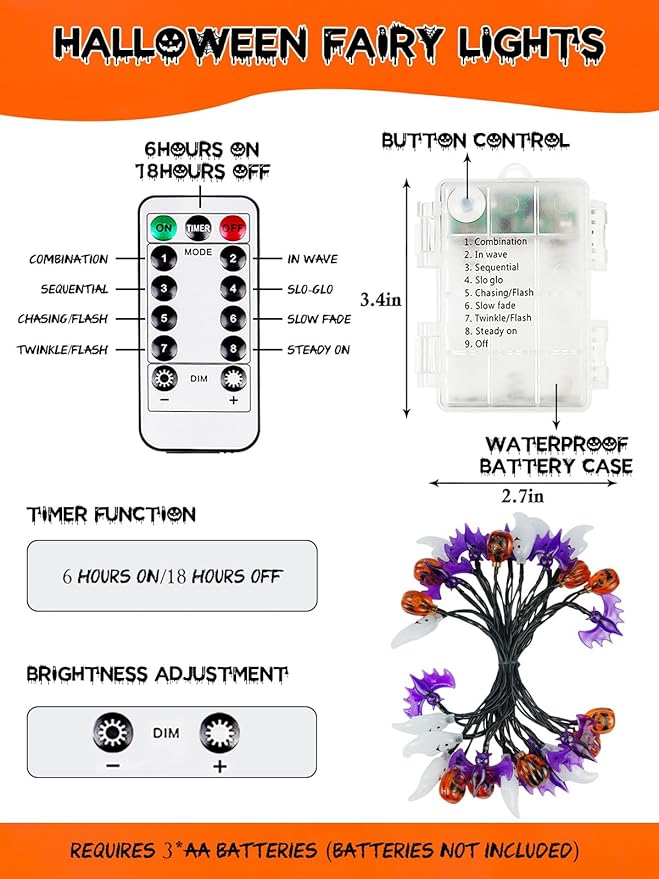 Halloween String Lights, 3D Pumpkin Bat Ghost Fairy Lights Battery Operated with Remote, 30LED Twinkle Light Waterproof 8 Modes & Timer for Halloween Parties Decorations Indoor Outdoor Windows Decor