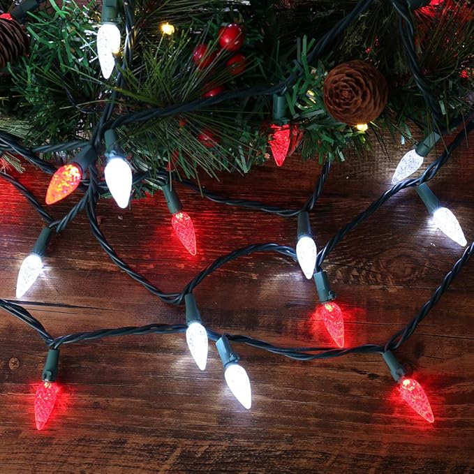 Brizled Red & White C5 Christmas Lights, 33ft 100 LED Christmas tree Lights, Connectable 120V UL Certified Faceted Christmas Lights Outdoor Indoor Xmas Lights for Christmas Tree Party Roof Decoration