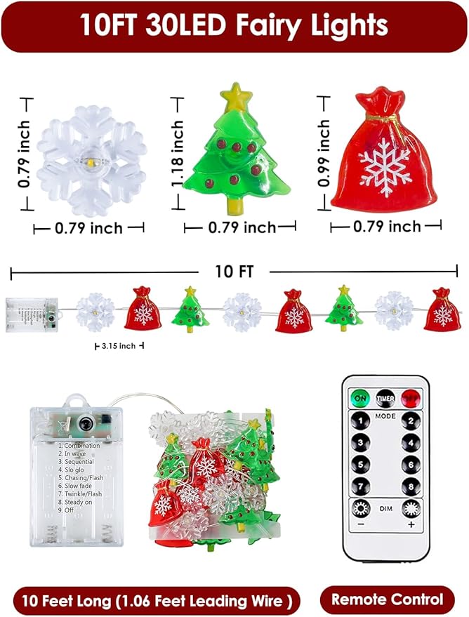 Christmas Decoration Lights, 10FT 30 LED Christmas Tree Snowflake Lucky Bag Fairy Lights Battery Operated with Remote, Twinkle String Light 8 Modes & Timer for Indoor Outdoor Xmas Party House Decor