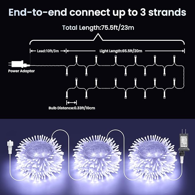 Color Changing Christmas Lights, 75ft 200 LED White & Multicolor Christmas String Lights with Remote, 11 Modes Fairy Twinkle Light Waterproof for Party Garden Wedings Holiday Xmas Tree Decorations