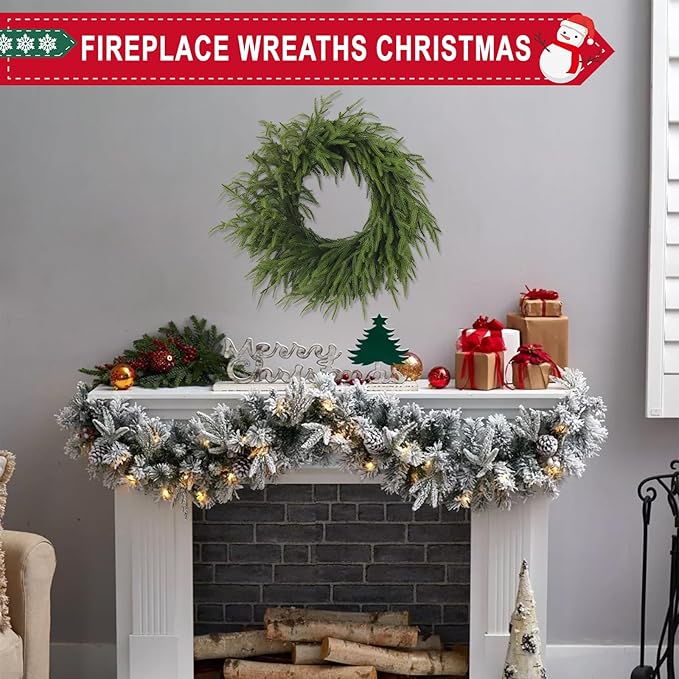 24 Inch Real Touch Christmas Wreath, Natural Droopy,Soft Bendable Winter Wreaths for Front Door, Christmas Wreaths for Front Door, Cedar Wreath, Indoor Christmas Decorations Outdoor for Home Decor