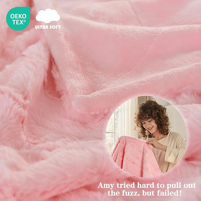 Krifey Pink Faux Fur Blanket for Bed, 3D Marble Texture Soft Cozy Fuzzy Plush Thick Warm Blanket, Faux Rabbit Fleece, Christmas Birthday Gifts for her Girls Women Mom, Cute Pink, 60x80in