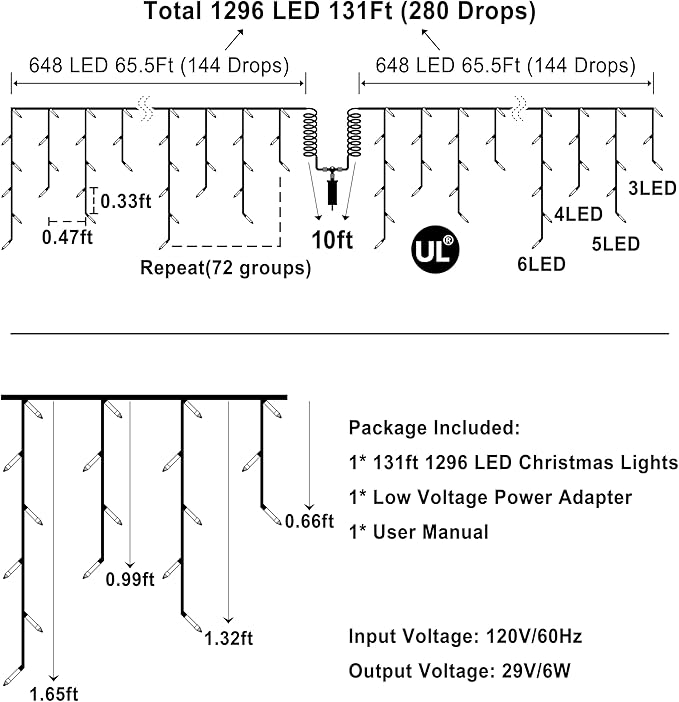 1296 LED 131FT Christmas Lights 288 Drops, Outdoor Hanging lights with 8 Modes Timer, Plug in Curtain String Lights Outdoor Waterproof for House Fence Tree Holiday Wedding Party Outside Decor (Blue)
