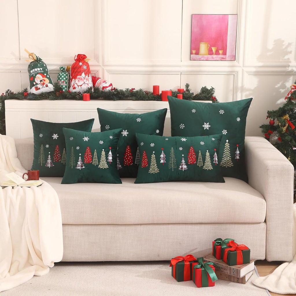 Tosleo Christmas Embroidery Throw Pillow Covers 24 x 24 inch Set of 2 Xmas Dec Velvet Pillowcases Forest Green Christmas Trees Cushion Pillow Cases Soft Square Holiday Pillowcase