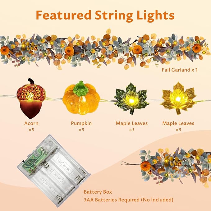 Fall Garland with Lights, 6FT Fall Leaves Garlands, Artificial Eucalyptus Garland with Pumpkins Berries for Home Mantle Fireplace Decor Thanksgiving Christmas Party Autumn Decoration (6FT)
