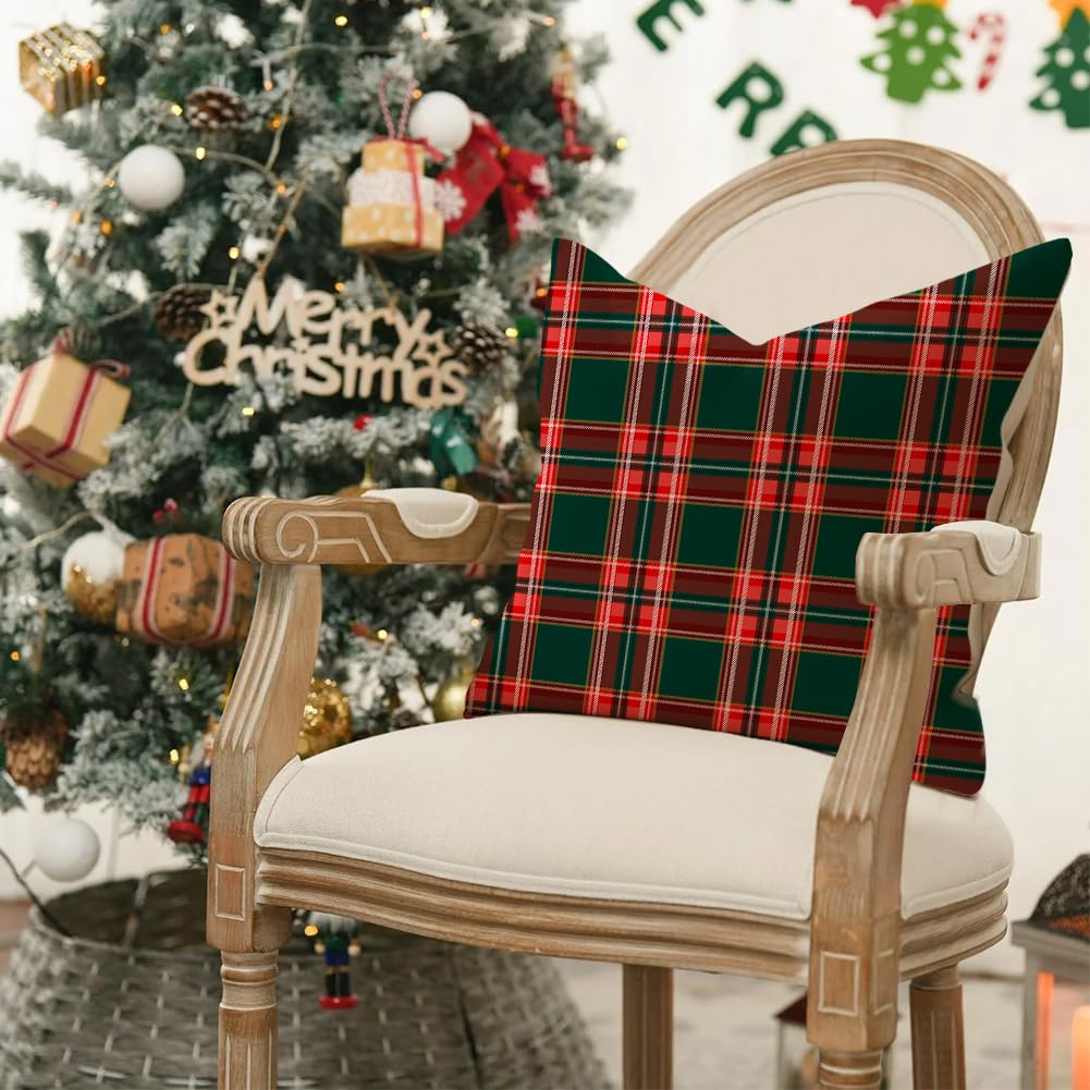 RABUSOFA Christmas Pillow Covers 18x18 Inch Set of 2 Indoor Outdoor Waterproof Scottish Tartan Plaid Classic Throw Decorative Cushion Cases for Christmas Decor Decorations for Home Couch Patio