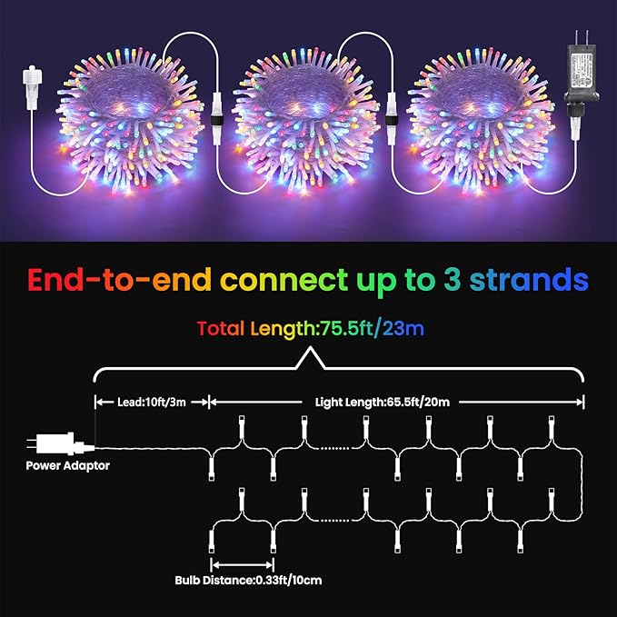 Christmas Lights Multicolor, 75 Ft 200 LED Christmas String Lights Connectable, 8 Modes, Timer, Waterproof Fairy Twinkle Light for Party, Garden, Patio, Home, Wedings, Holiday, Xmas Tree Decorations