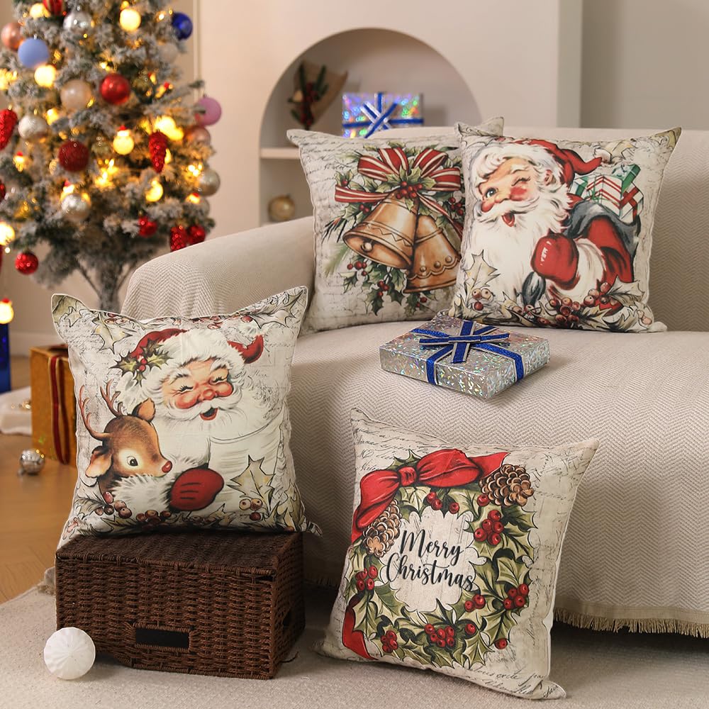 DFXSZ Christmas Pillow Covers 18x18 inch Set of 4 Santa Claus Reindeer Decorative Vintage Throw Pillow Covers Winter Retro Farmhouse Decoration for Home Couch BTHZ-140B18