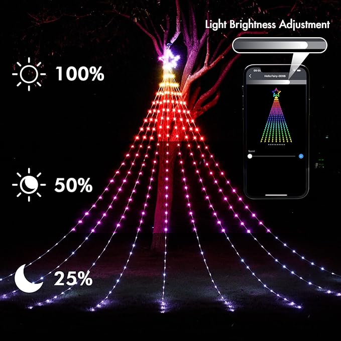 Outdoor Christmas Decorations, 16.4FT RGB Color Changing Christmas Hanging Waterfall String Lights with Star, APP Remote Control, DIY Multi-Color Lightshow, Music Sync, Xmas New Year Decor