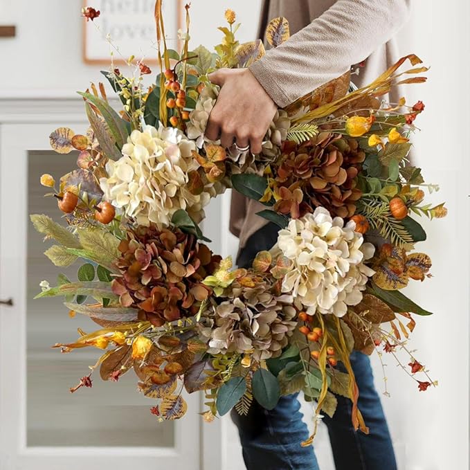 WANNA-CUL 24 Inch Fall Wreaths for Front Door with Hydrangea,Little Pumpkins-Fall Decorations for Home,Fall Door Wreath Decor for Autumn,Harvest, Halloween or Thanksgiving