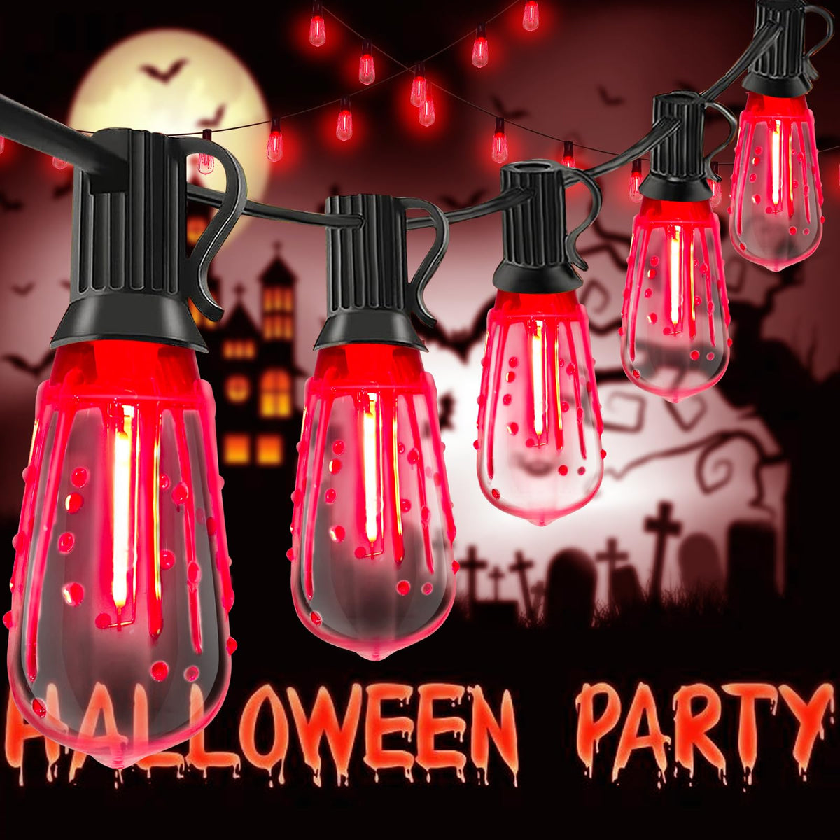 Abeja LED Flame String Lights, 10Ft ST40 Halloween Flicker Flame String Lights with 10 LED Flame Bloody Tears Bulbs, Hanging Outdoor Halloween Light for Patio Garden Party Backyard -Black