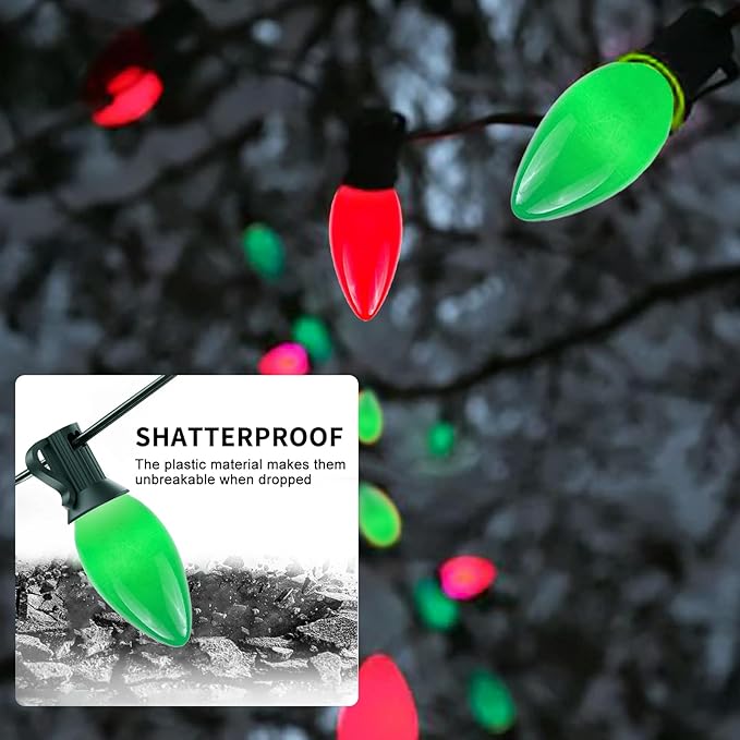 25Ft C9 LED Christmas Lights Outdoor Indoor, Multicolor Red Green White Vintage String Lights, Connectable Holiday Decor for Xmas Tree Wedding Party Patio Porch Yard