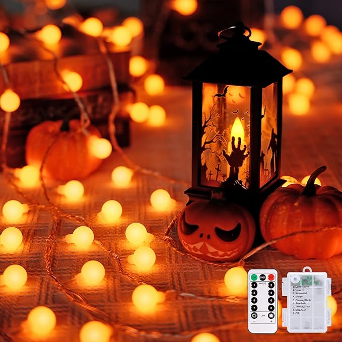 JMEXSUSS Orange Lights for Halloween, 33ft with 8 Modes Remote, 100 LED Globe String Lights Outdoor Battery Operated for Halloween Bedroom Thanksgiving Party Christmas Decor