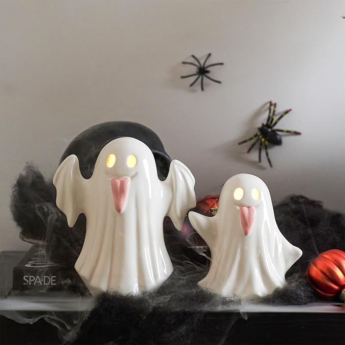WDS WONDROUS Halloween Decor Ghost Figurines Light Up – White Set of 2 Ghost Figurines with Pink Tongue –Cute Halloween Ceramic Ghost Statues Decorations for Table Indoor(5.51x6.29”and 4.72x5.11”)