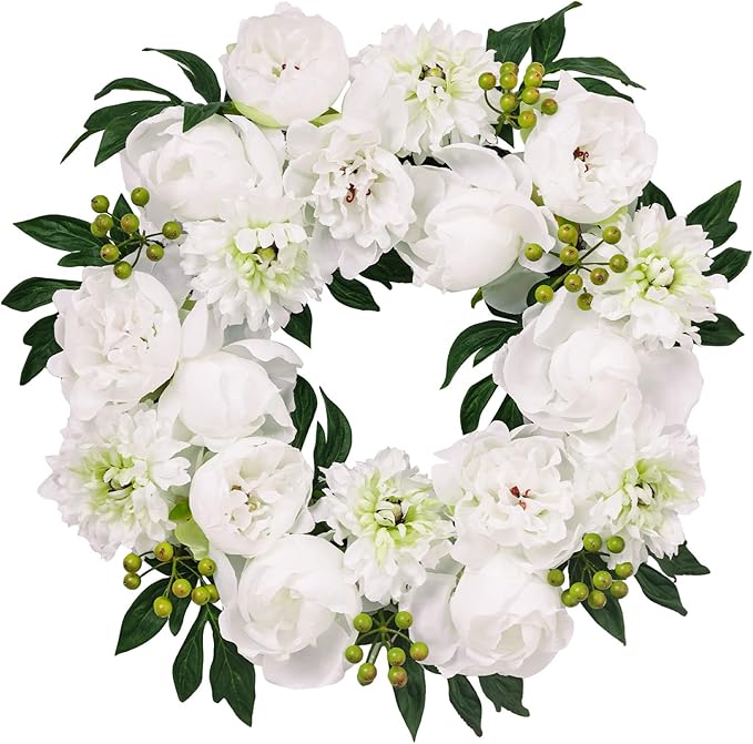 WELL KNOWN Fall & Winter White Wreaths for Front Door, Silk Aritificial Peony Wreath for Front Door Porch, Indoor Wall Window Home Decor, Farmhouse Thanks Giving Christmas Party Wediing Decor & Gift