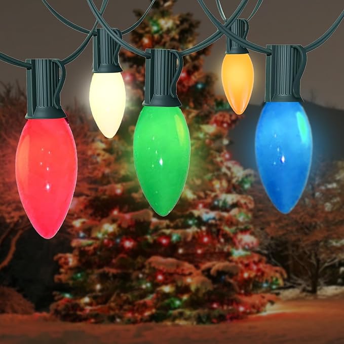 C9 Christmas Lights Outdoor, 25 Ft Multicolor Vintage LED Christmas String Lights for Roofline Xmas Tree Holiday Wedding Party Garden Home Decor - Green Wire
