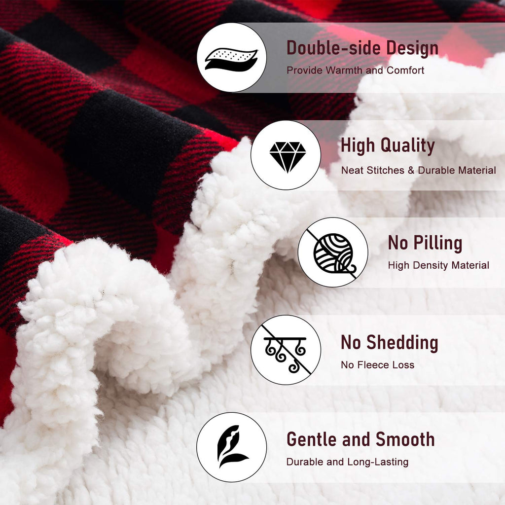 BEAUTEX Christmas Sherpa Fleece Throw Blanket, Super Soft Warm Buffalo Plaid Plush Blankets and Throws, Warm Winter Cozy Fuzzy Blanket for Couch Sofa Bed (Red, 50" x 60")