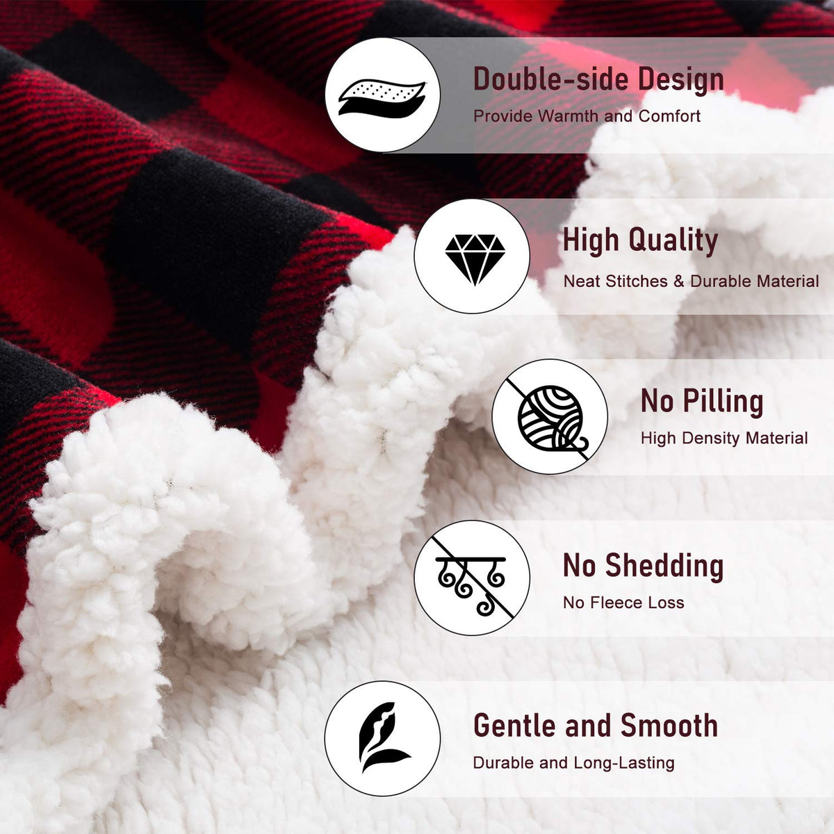 BEAUTEX Christmas Sherpa Fleece Throw Blanket, Super Soft Warm Buffalo Plaid Plush Blankets and Throws, Warm Winter Cozy Fuzzy Blanket for Couch Sofa Bed (Red, 50" x 60")