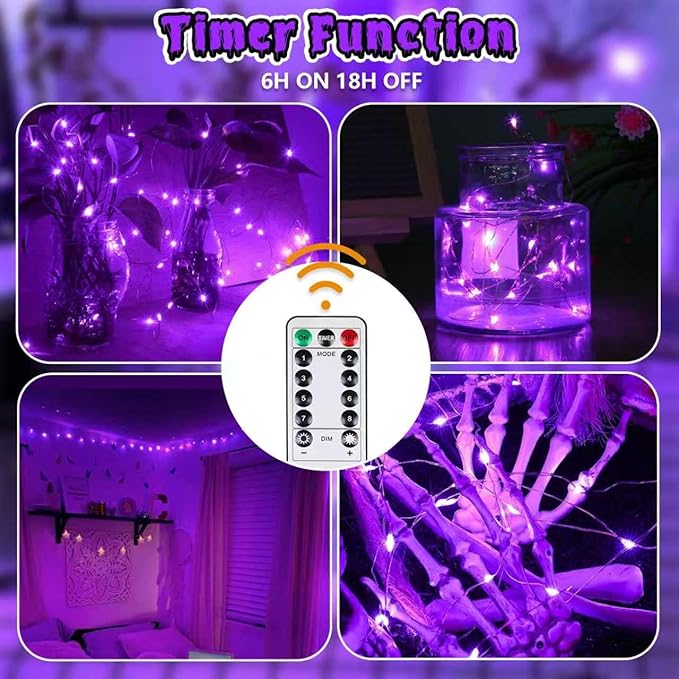 3 Pack Fairy Lights Battery Operated with Remote & Timer, 26 FT 80 LED Halloween String Lights Outdoor Indoor Decoration, 8 Modes Twinkle Lights for Halloween Party Christmas Bedroom Décor (Purple)