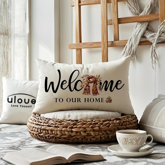 Fall Welcome Throw Pillow Covers 12 x 20 Inch Farmhouse Autumn Seasonal Holiday Decorative Lumbar Pillowcases Scarf Maple Leaves Cushion Covers for Front Porch Decor Housewarming Gifts (Brown)