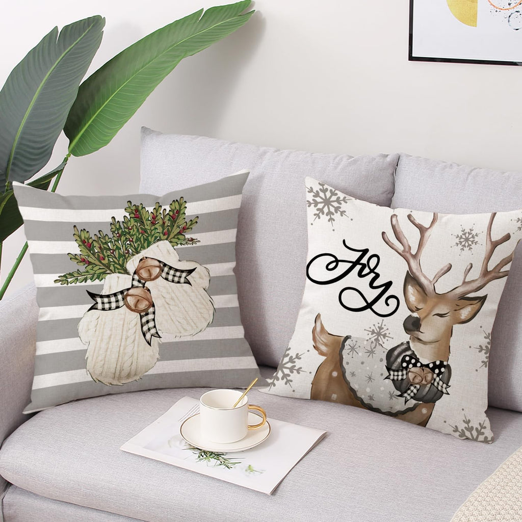 Coeufuedy Christmas Stripe Pillow Covers 18x18 Inch Set of 4 Snowman Reindeer Gloves Eucalyptus Winter Holiday Decorative Farmhouse Cushion Covers for Sofa Couch Living Room