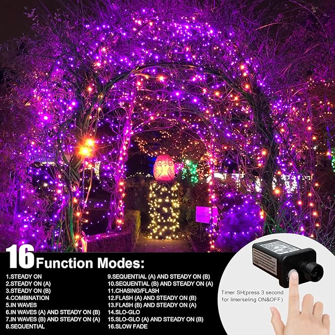 LAMPHOME 33ft Halloween Decorative Mini Lights, 100 LED Transparent Wire Fairy Starry String Lights Plug in, 12 Lighting Modes, for Halloween Decoration Outdoor Party Decoration (Orange and Purple)
